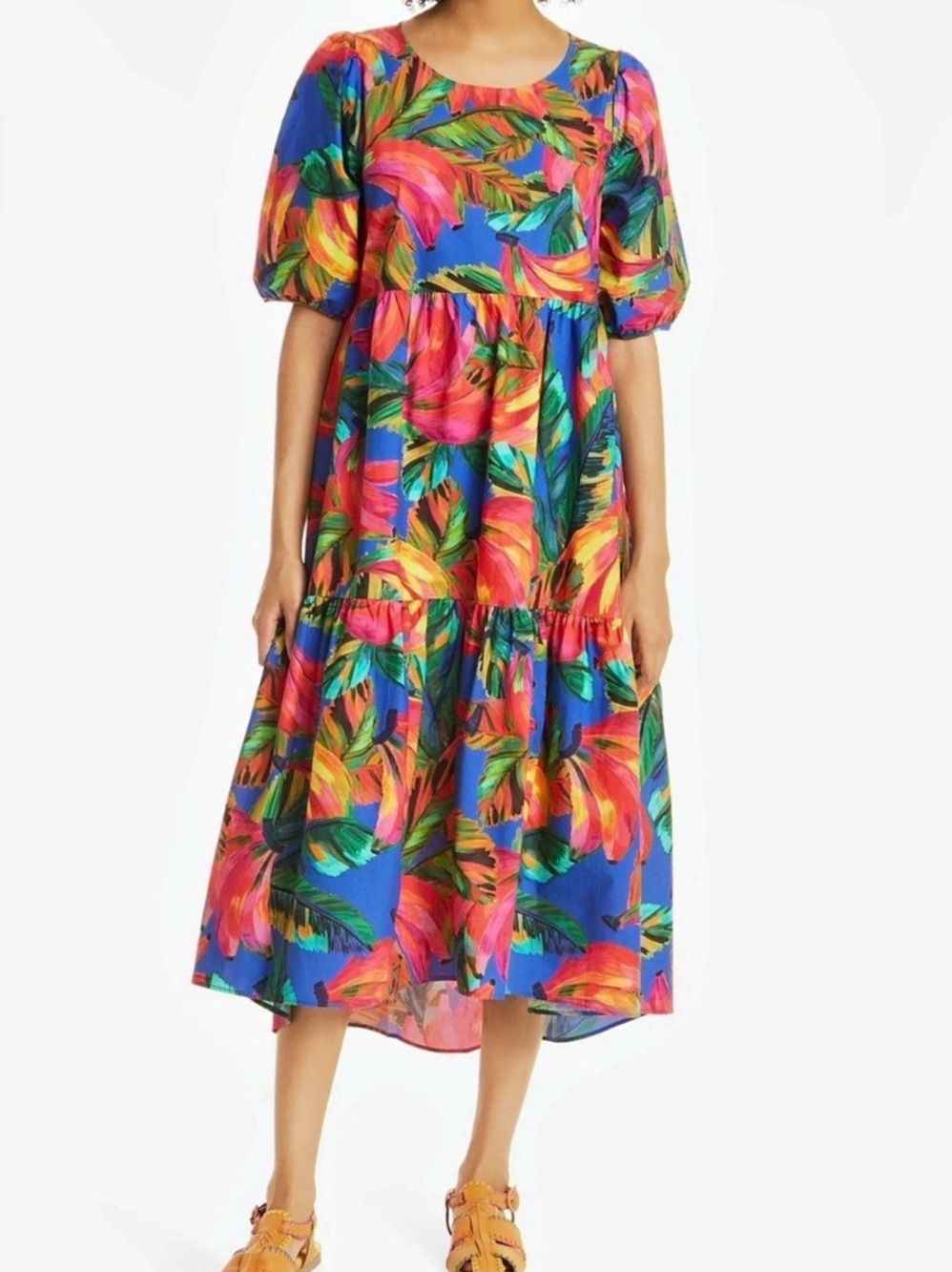 Farm Rio Blue Bananamix Puff Sleeve Midi Dress Blue & Multicolor Medium